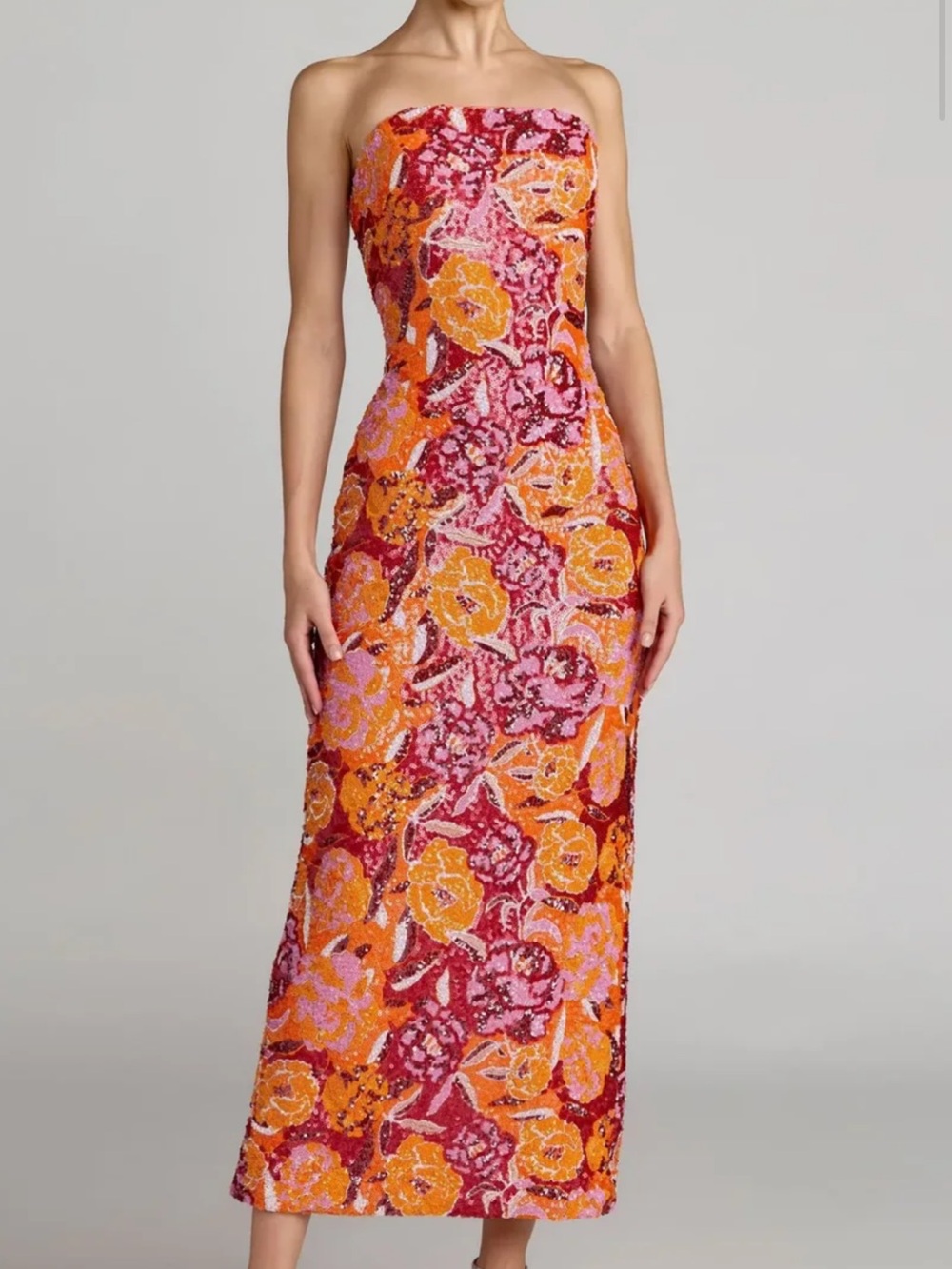 Mac Duggal Strapless Floral Column Dress in Red, Orange and Pink